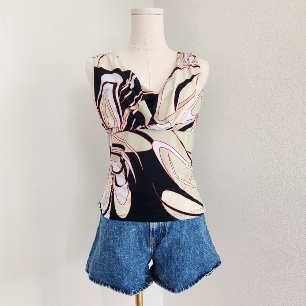 Vintage 90s Abstract Swirl Print Cowl Neck Empire Waist Sleeveless Tank Top S
